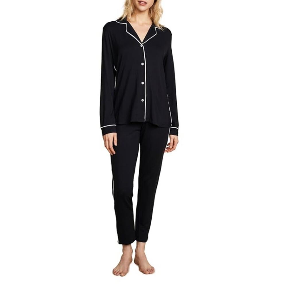 Eberjey Women's Black Sorbet Pink Gisele Tuxedo Slim LS Short PJ Top Size M